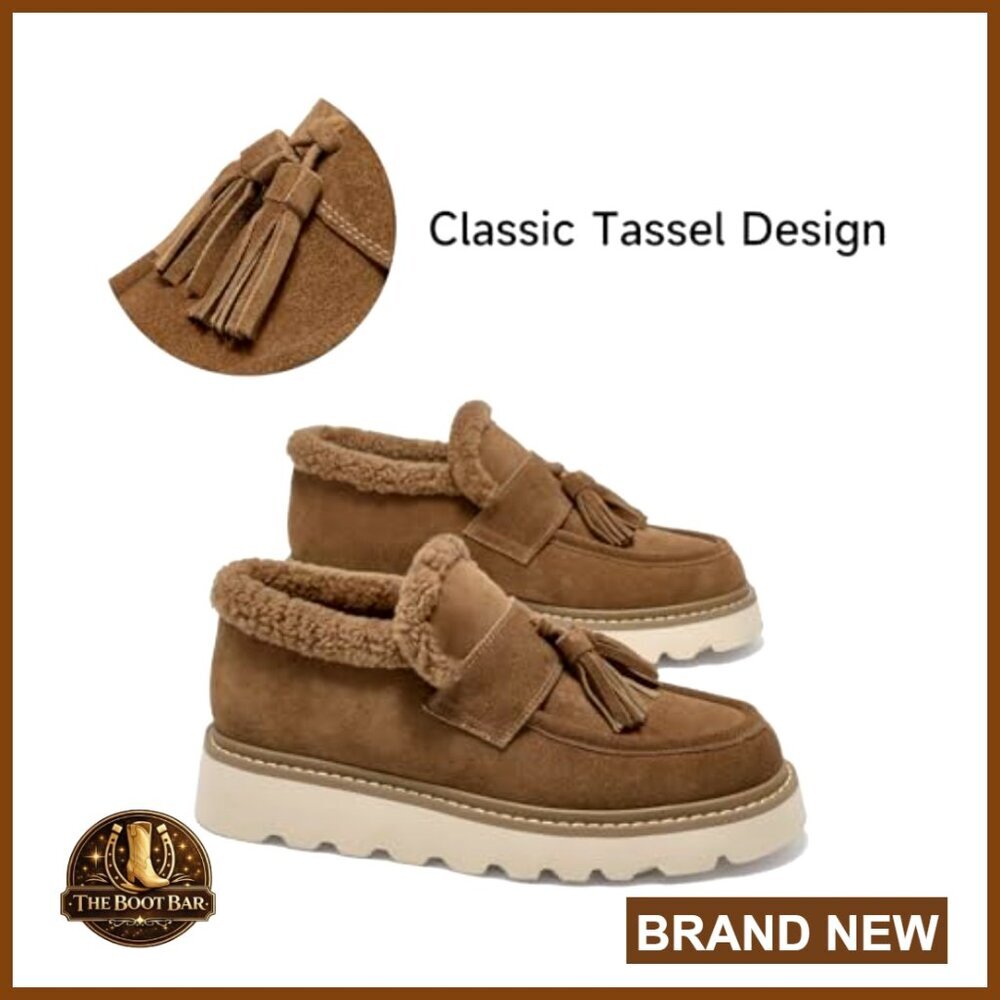 Leather Fur Lined Platform Tassel Loafers, Chunky Winter Slip-On Boots - Picture 3 of 7